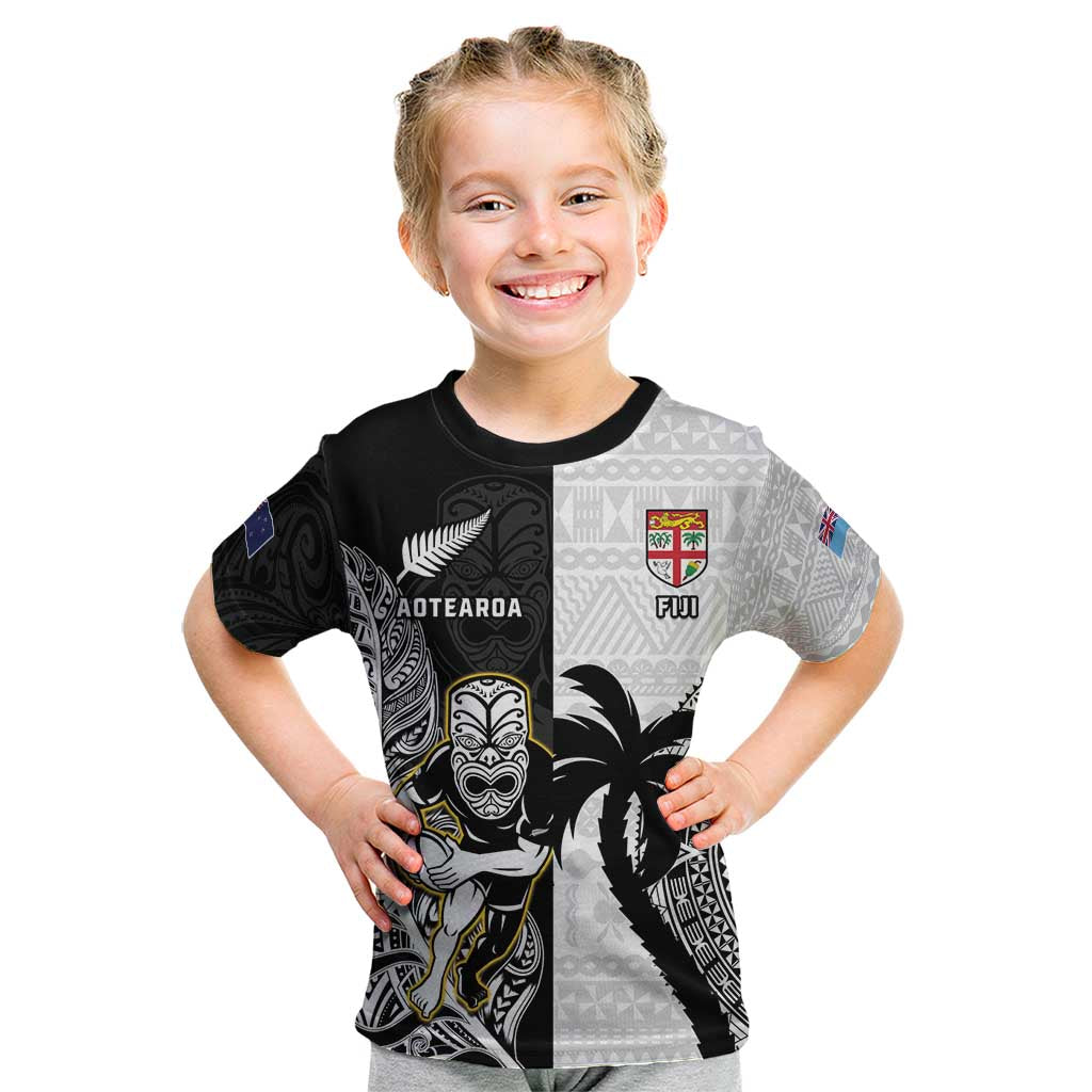Custom Fiji And New Zealand Rugby Kid T Shirt Aotearoa Silver Fern Mix Fijian Tapa Pattern LT14 Black - Polynesian Pride