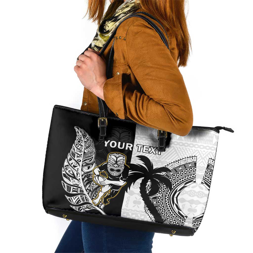 Custom Fiji And New Zealand Rugby Leather Tote Bag Aotearoa Silver Fern Mix Fijian Tapa Pattern LT14 Black - Polynesian Pride