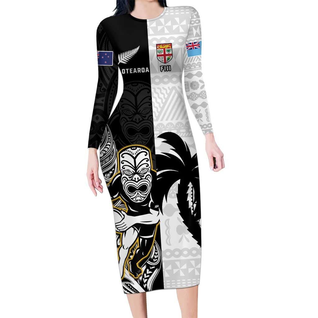 Custom Fiji And New Zealand Rugby Long Sleeve Bodycon Dress Aotearoa Silver Fern Mix Fijian Tapa Pattern LT14 Long Dress Black - Polynesian Pride