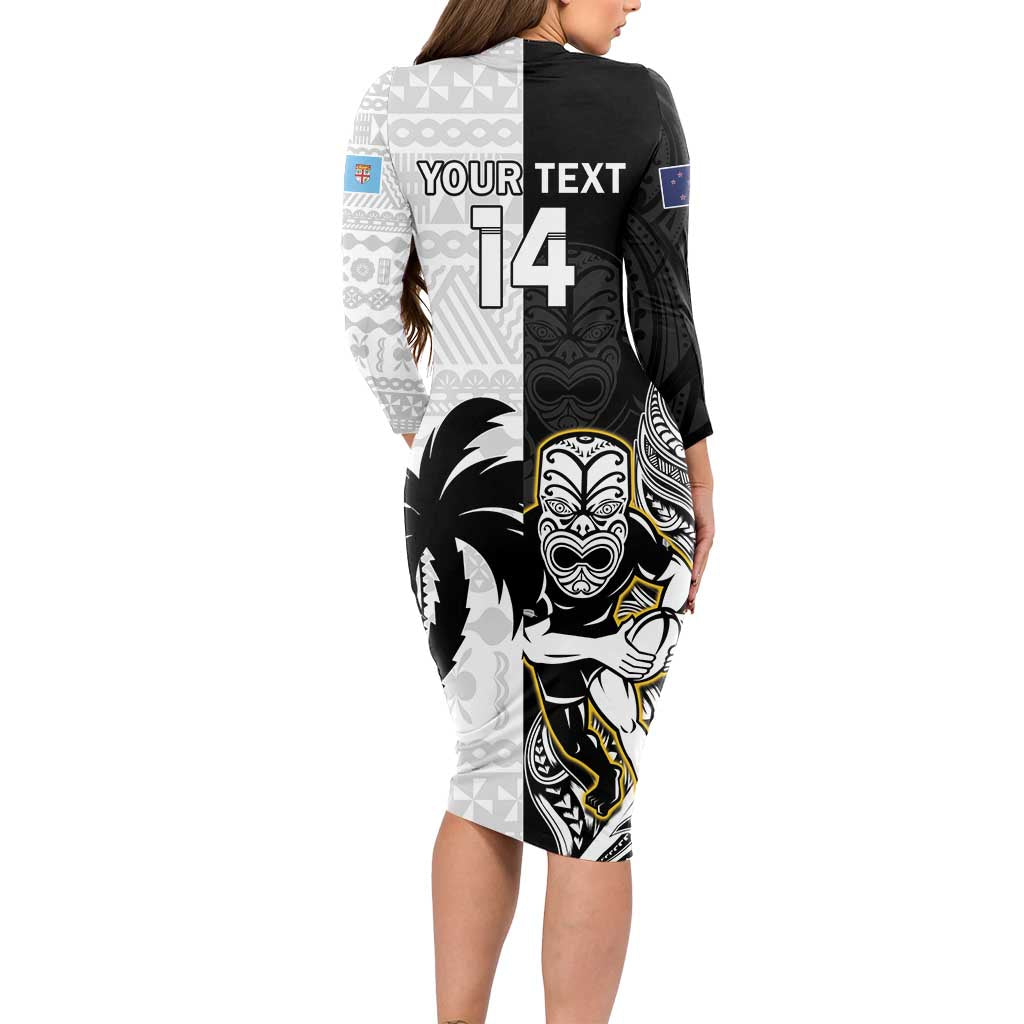 Custom Fiji And New Zealand Rugby Long Sleeve Bodycon Dress Aotearoa Silver Fern Mix Fijian Tapa Pattern LT14 - Polynesian Pride