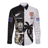 Custom Fiji And New Zealand Rugby Long Sleeve Button Shirt Aotearoa Silver Fern Mix Fijian Tapa Pattern LT14 Unisex Black - Polynesian Pride