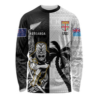 Custom Fiji And New Zealand Rugby Long Sleeve Shirt Aotearoa Silver Fern Mix Fijian Tapa Pattern LT14 Unisex Black - Polynesian Pride