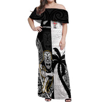 Custom Fiji And New Zealand Rugby Off Shoulder Maxi Dress Aotearoa Silver Fern Mix Fijian Tapa Pattern LT14 Women Black - Polynesian Pride