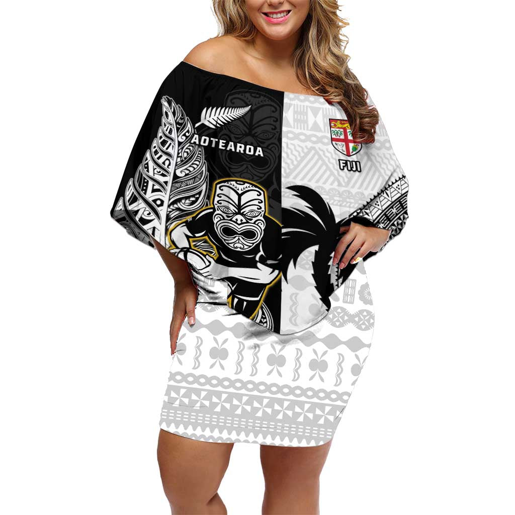 Custom Fiji And New Zealand Rugby Off Shoulder Short Dress Aotearoa Silver Fern Mix Fijian Tapa Pattern LT14 Women Black - Polynesian Pride