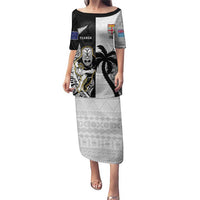 Custom Fiji And New Zealand Rugby Puletasi Aotearoa Silver Fern Mix Fijian Tapa Pattern LT14 Long Dress Black - Polynesian Pride