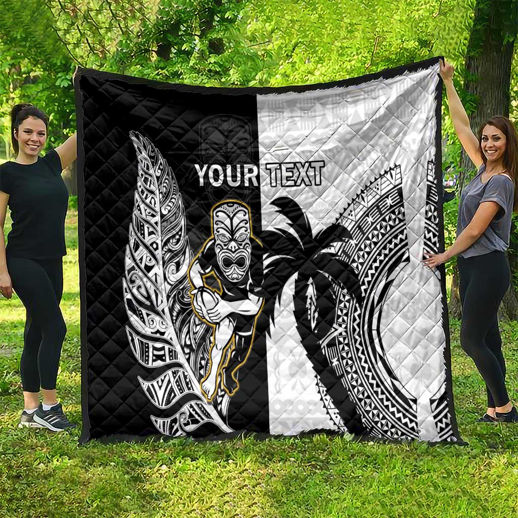 Custom Fiji And New Zealand Rugby Quilt Aotearoa Silver Fern Mix Fijian Tapa Pattern LT14 - Polynesian Pride