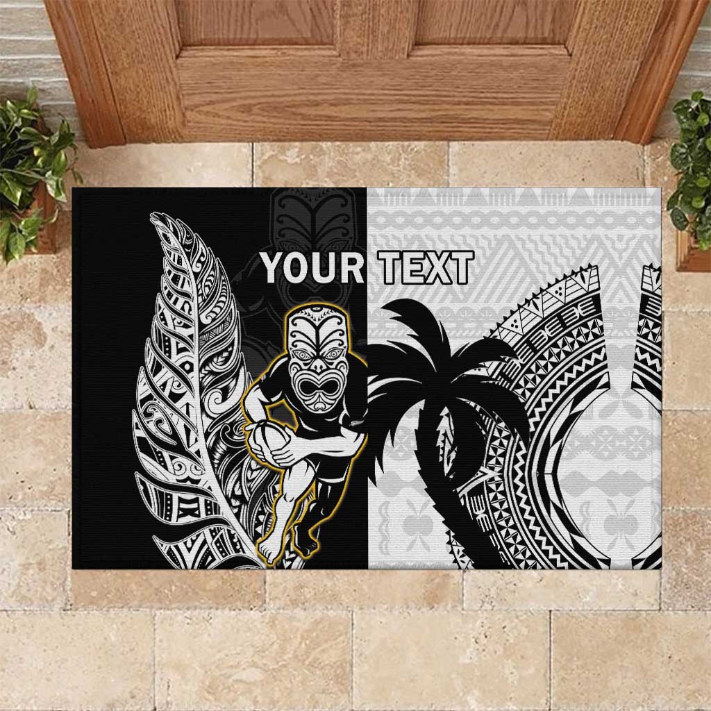 Custom Fiji And New Zealand Rugby Rubber Doormat Aotearoa Silver Fern Mix Fijian Tapa Pattern LT14 Black - Polynesian Pride