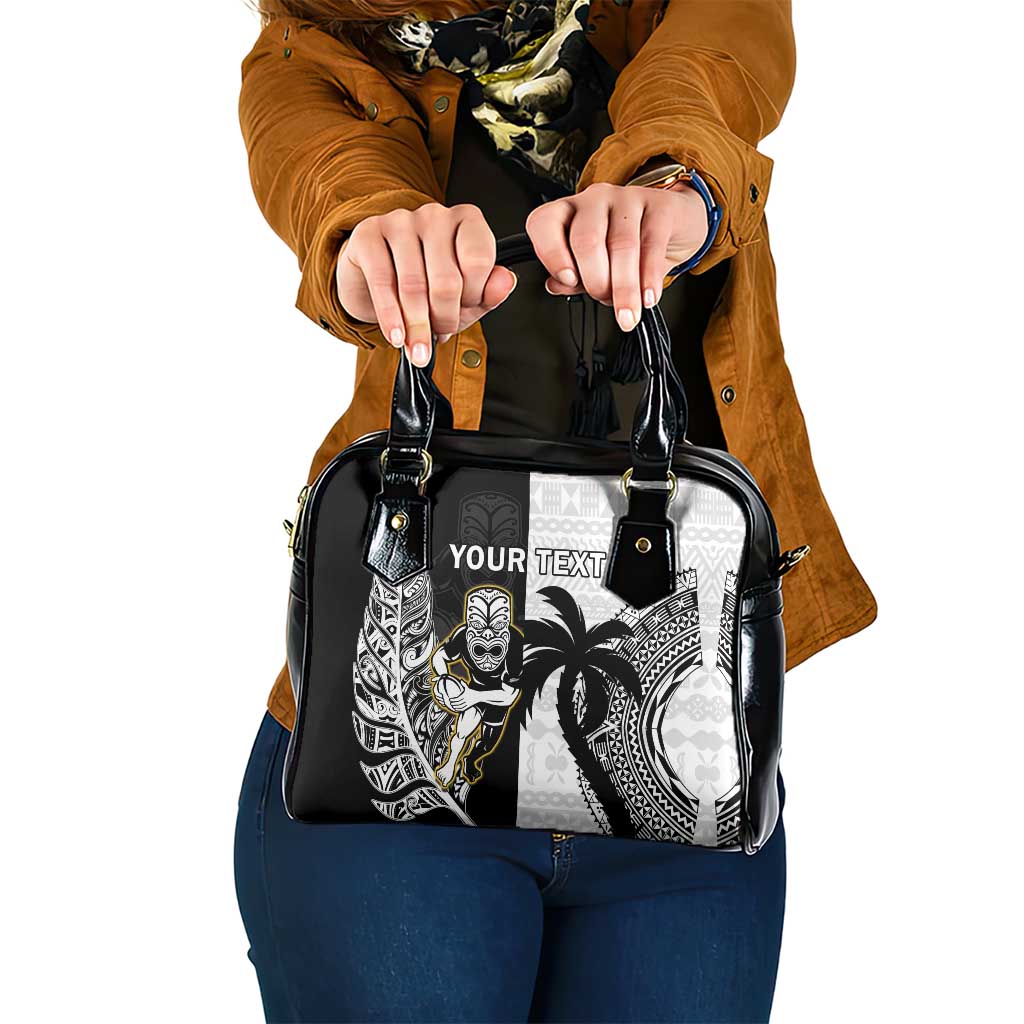 Custom Fiji And New Zealand Rugby Shoulder Handbag Aotearoa Silver Fern Mix Fijian Tapa Pattern LT14 One Size Black - Polynesian Pride