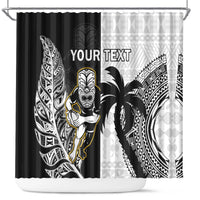 Custom Fiji And New Zealand Rugby Shower Curtain Aotearoa Silver Fern Mix Fijian Tapa Pattern LT14 Black - Polynesian Pride