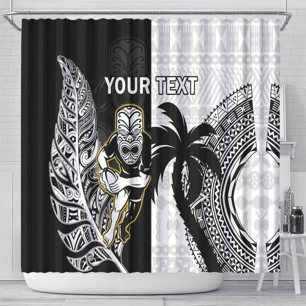 Custom Fiji And New Zealand Rugby Shower Curtain Aotearoa Silver Fern Mix Fijian Tapa Pattern LT14 - Polynesian Pride