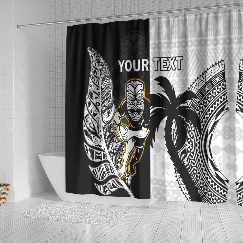 Custom Fiji And New Zealand Rugby Shower Curtain Aotearoa Silver Fern Mix Fijian Tapa Pattern LT14 - Polynesian Pride