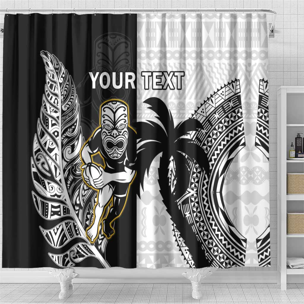 Custom Fiji And New Zealand Rugby Shower Curtain Aotearoa Silver Fern Mix Fijian Tapa Pattern LT14 - Polynesian Pride