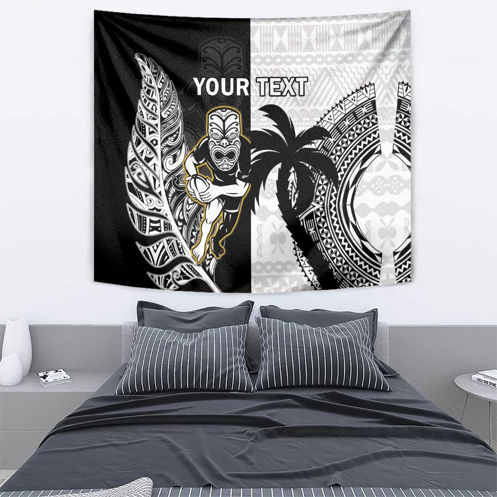 Custom Fiji And New Zealand Rugby Tapestry Aotearoa Silver Fern Mix Fijian Tapa Pattern LT14 - Polynesian Pride
