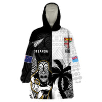 Custom Fiji And New Zealand Rugby Wearable Blanket Hoodie Aotearoa Silver Fern Mix Fijian Tapa Pattern LT14 One Size Black - Polynesian Pride