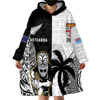 Custom Fiji And New Zealand Rugby Wearable Blanket Hoodie Aotearoa Silver Fern Mix Fijian Tapa Pattern LT14 - Polynesian Pride