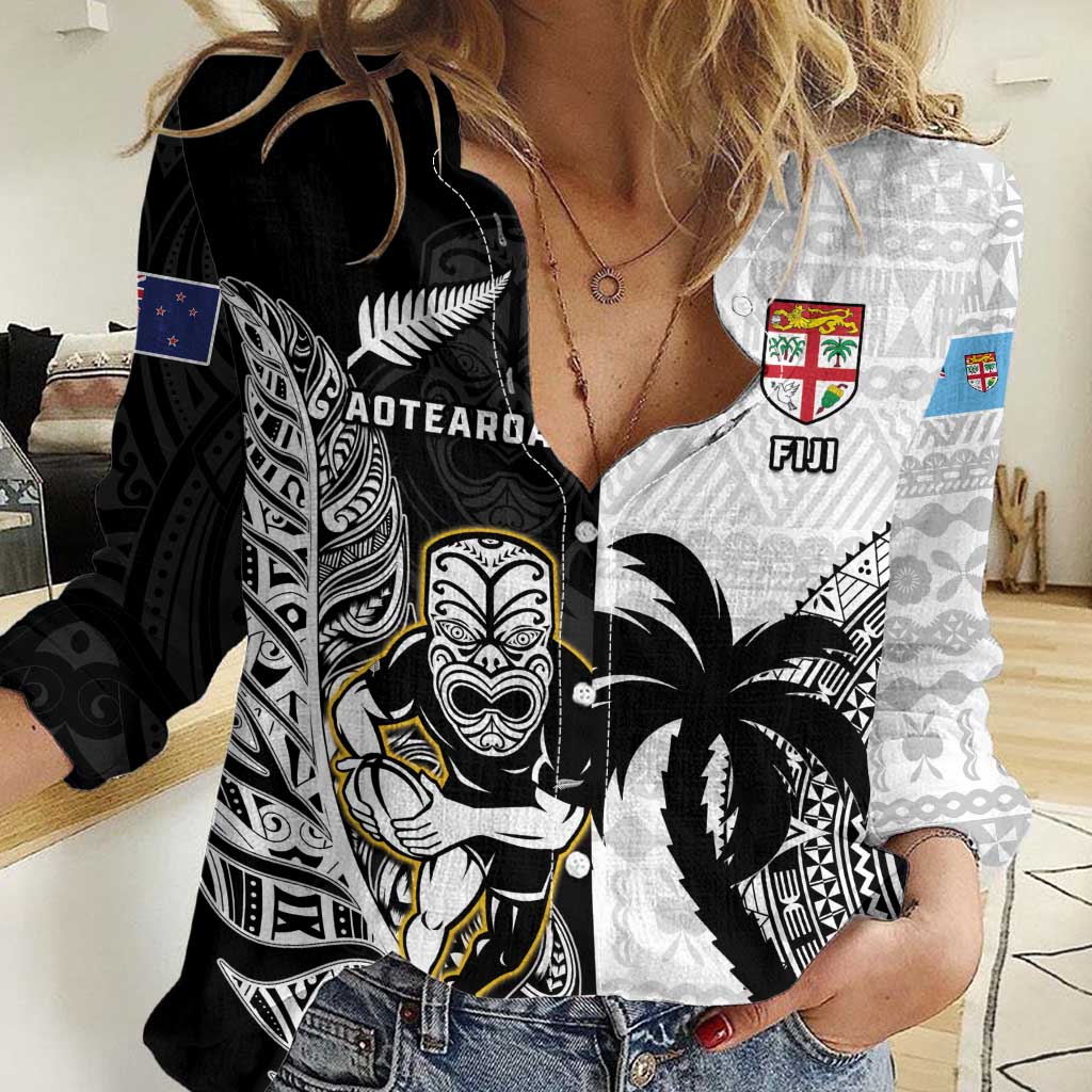 Custom Fiji And New Zealand Rugby Women Casual Shirt Aotearoa Silver Fern Mix Fijian Tapa Pattern LT14 Female Black - Polynesian Pride