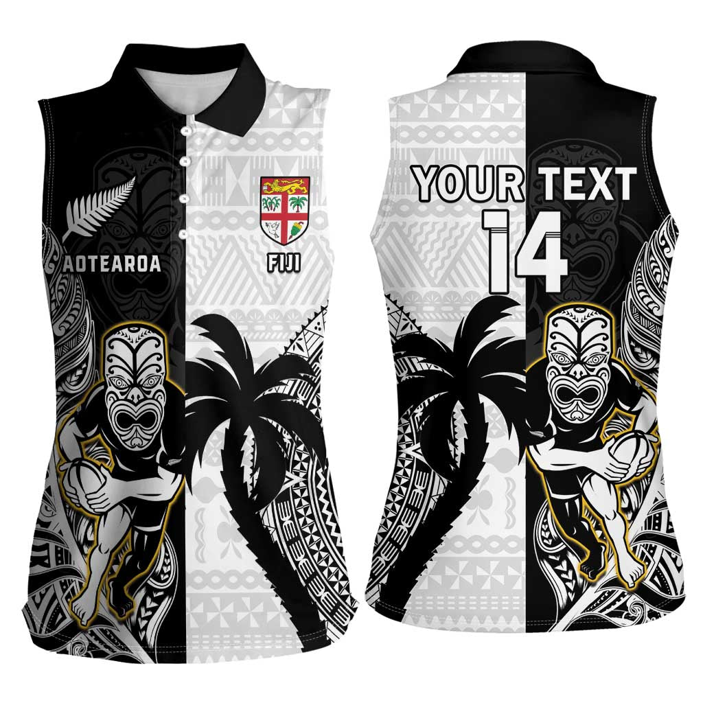 Custom Fiji And New Zealand Rugby Women Sleeveless Polo Shirt Aotearoa Silver Fern Mix Fijian Tapa Pattern LT14 - Polynesian Pride