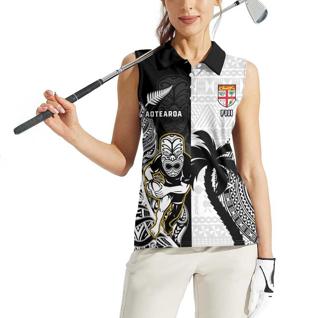 Custom Fiji And New Zealand Rugby Women Sleeveless Polo Shirt Aotearoa Silver Fern Mix Fijian Tapa Pattern LT14 - Polynesian Pride
