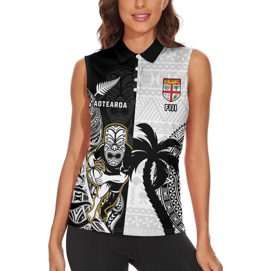 Custom Fiji And New Zealand Rugby Women Sleeveless Polo Shirt Aotearoa Silver Fern Mix Fijian Tapa Pattern LT14 - Polynesian Pride