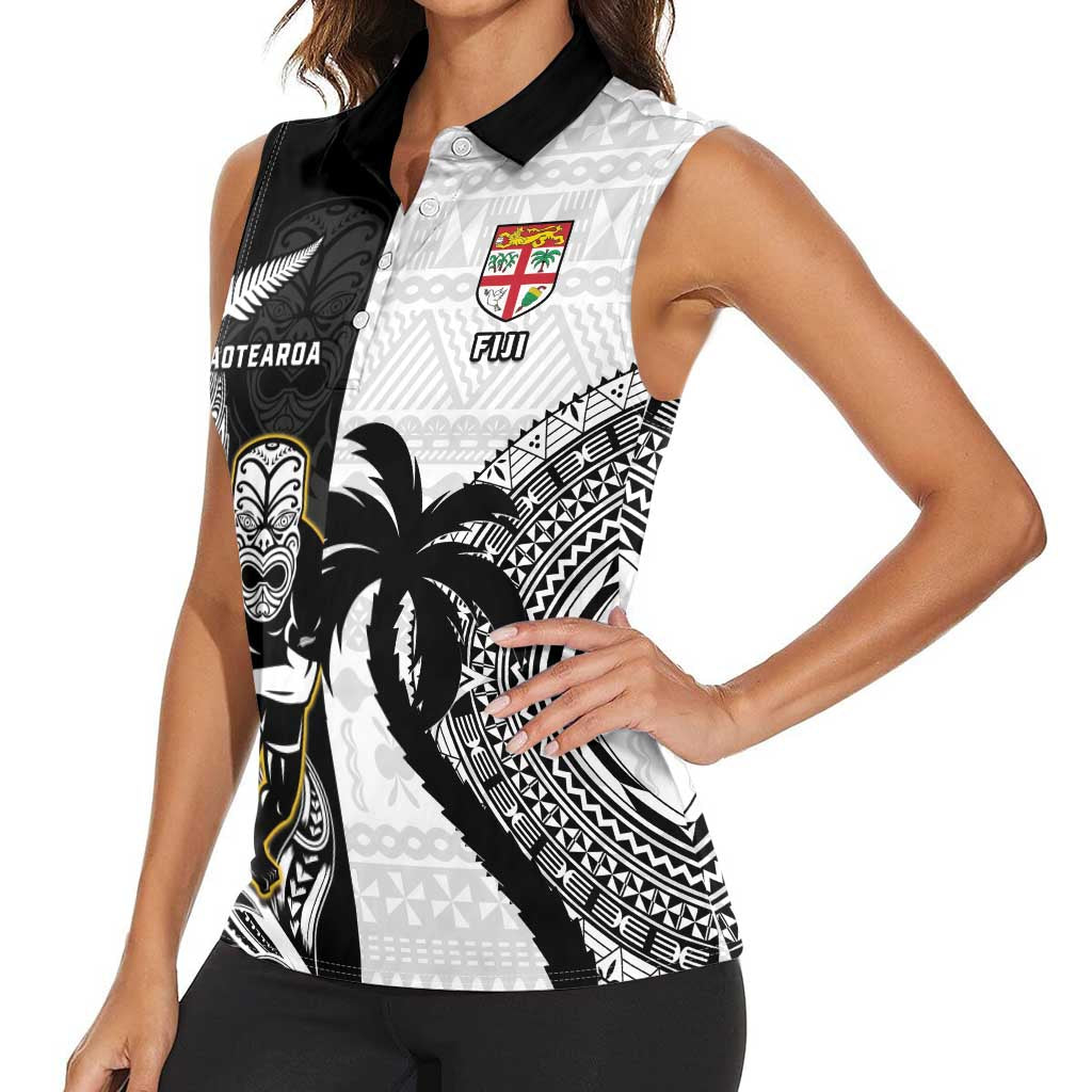 Custom Fiji And New Zealand Rugby Women Sleeveless Polo Shirt Aotearoa Silver Fern Mix Fijian Tapa Pattern LT14 - Polynesian Pride