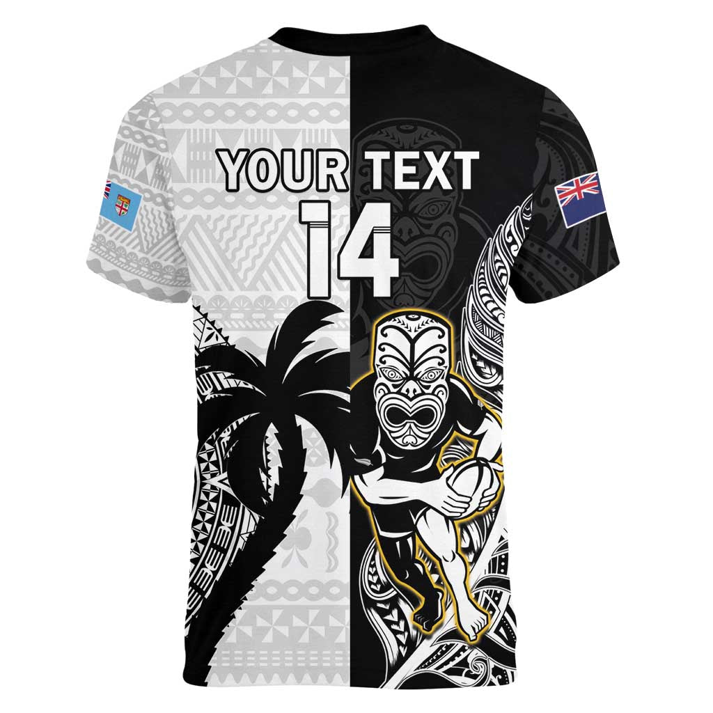 Custom Fiji And New Zealand Rugby Women V-Neck T-Shirt Aotearoa Silver Fern Mix Fijian Tapa Pattern LT14 - Polynesian Pride