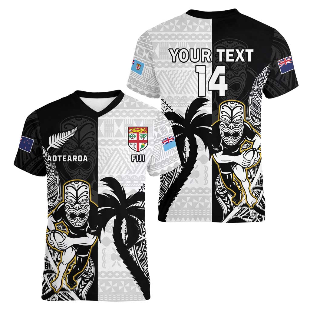 Custom Fiji And New Zealand Rugby Women V-Neck T-Shirt Aotearoa Silver Fern Mix Fijian Tapa Pattern LT14 - Polynesian Pride