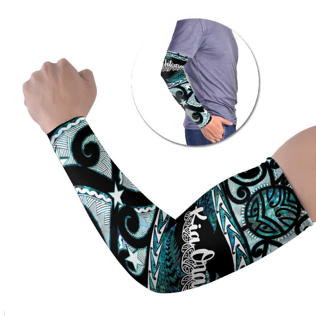 Kia Ora New Zealand Arm Sleeves Aotearoa Proud Maori Paua Shell Silver Fern LT14 Set of 2 Black - Polynesian Pride