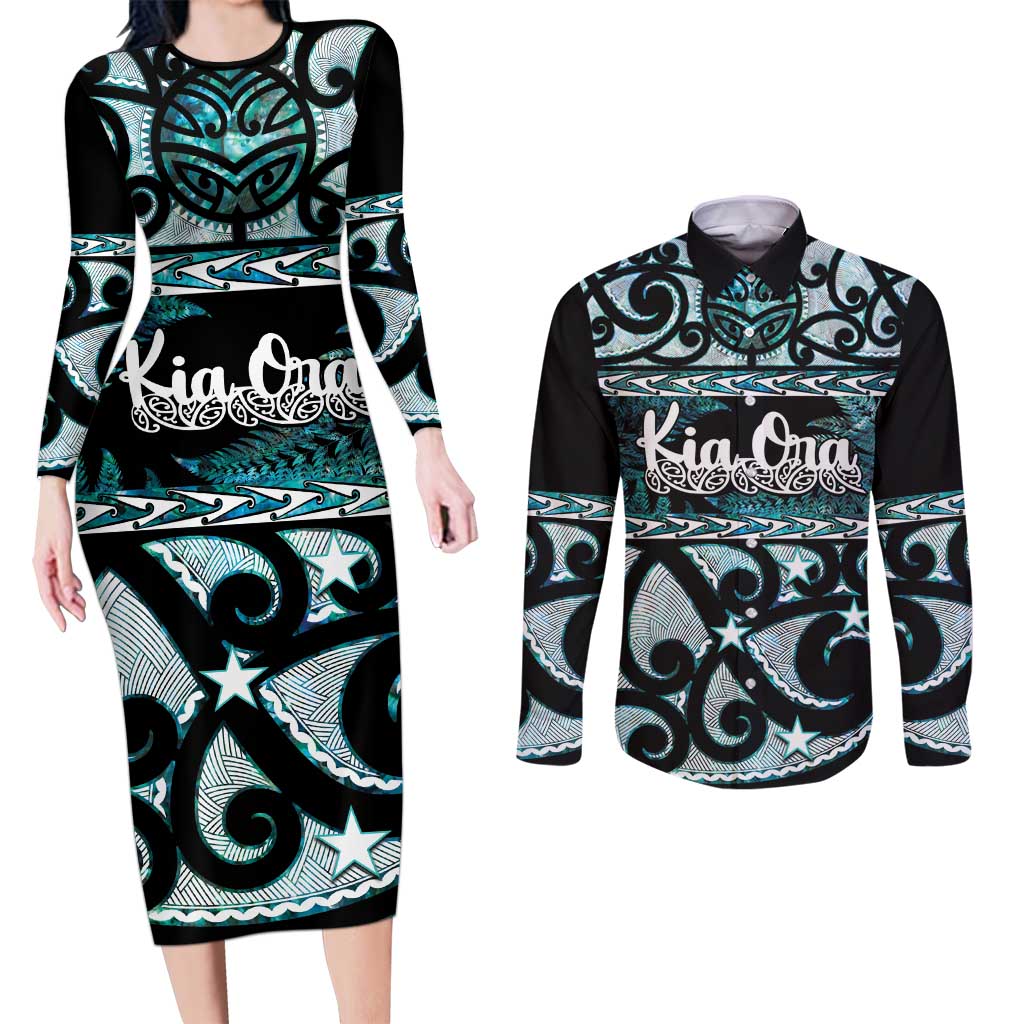 Kia Ora New Zealand Couples Matching Long Sleeve Bodycon Dress and Long Sleeve Button Shirt Aotearoa Proud Maori Paua Shell Silver Fern LT14 Black - Polynesian Pride