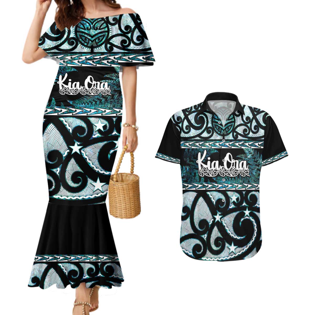 Kia Ora New Zealand Couples Matching Mermaid Dress and Hawaiian Shirt Aotearoa Proud Maori Paua Shell Silver Fern LT14 Black - Polynesian Pride