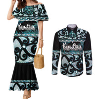 Kia Ora New Zealand Couples Matching Mermaid Dress and Long Sleeve Button Shirt Aotearoa Proud Maori Paua Shell Silver Fern LT14 Black - Polynesian Pride
