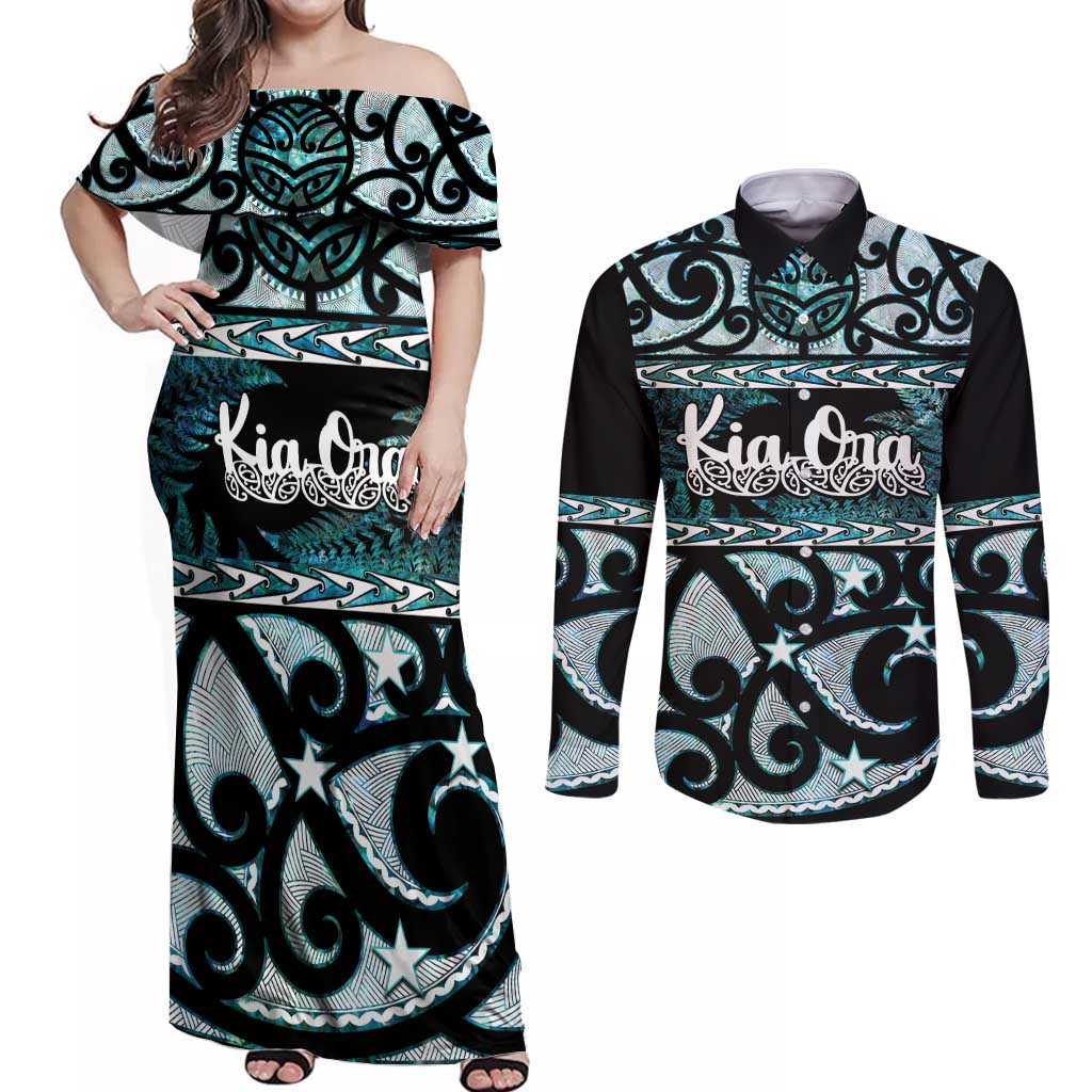 Kia Ora New Zealand Couples Matching Off Shoulder Maxi Dress and Long Sleeve Button Shirt Aotearoa Proud Maori Paua Shell Silver Fern LT14 Black - Polynesian Pride