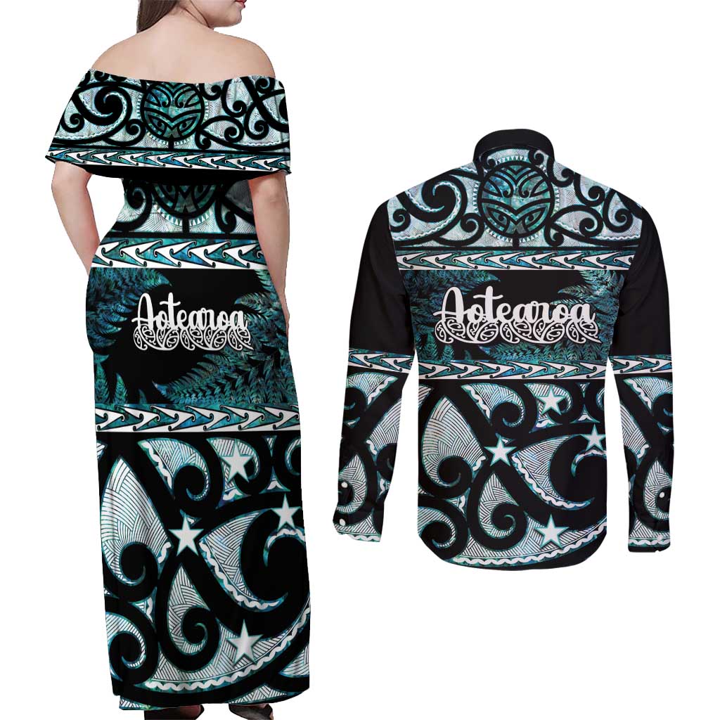 Kia Ora New Zealand Couples Matching Off Shoulder Maxi Dress and Long Sleeve Button Shirt Aotearoa Proud Maori Paua Shell Silver Fern LT14 - Polynesian Pride
