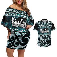 Kia Ora New Zealand Couples Matching Off Shoulder Short Dress and Hawaiian Shirt Aotearoa Proud Maori Paua Shell Silver Fern LT14 Black - Polynesian Pride