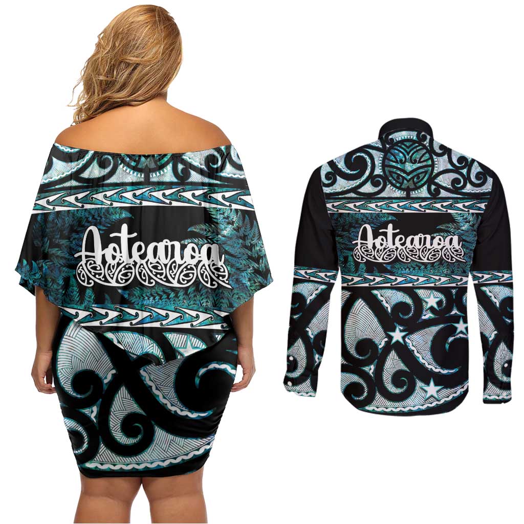 Kia Ora New Zealand Couples Matching Off Shoulder Short Dress and Long Sleeve Button Shirt Aotearoa Proud Maori Paua Shell Silver Fern LT14 - Polynesian Pride