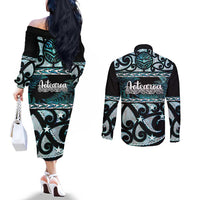 Kia Ora New Zealand Couples Matching Off The Shoulder Long Sleeve Dress and Long Sleeve Button Shirt Aotearoa Proud Maori Paua Shell Silver Fern LT14 - Polynesian Pride