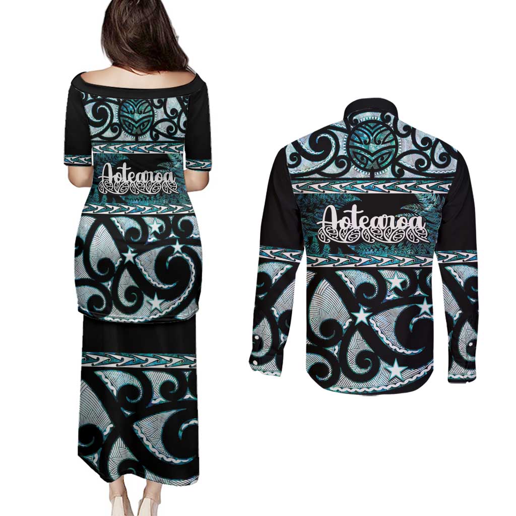 Kia Ora New Zealand Couples Matching Puletasi and Long Sleeve Button Shirt Aotearoa Proud Maori Paua Shell Silver Fern LT14 - Polynesian Pride