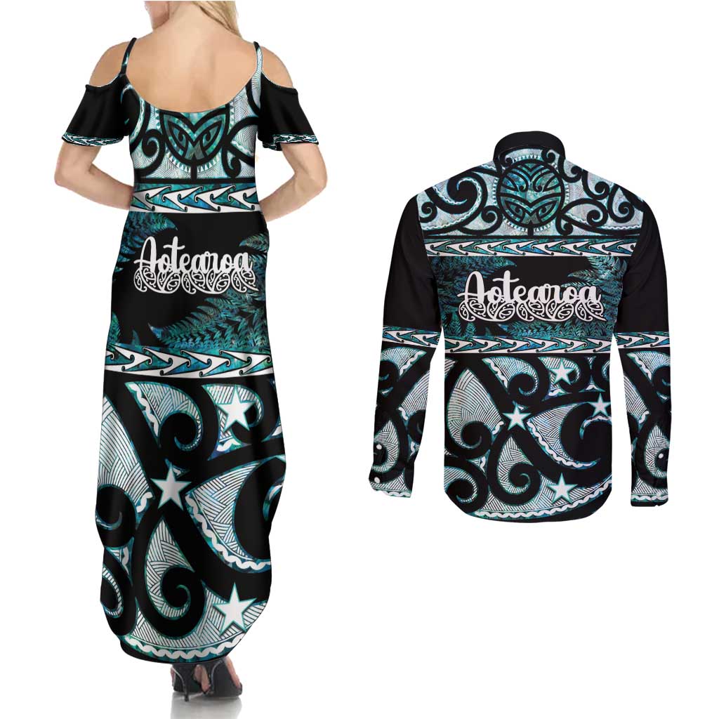 Kia Ora New Zealand Couples Matching Summer Maxi Dress and Long Sleeve Button Shirt Aotearoa Proud Maori Paua Shell Silver Fern LT14 - Polynesian Pride