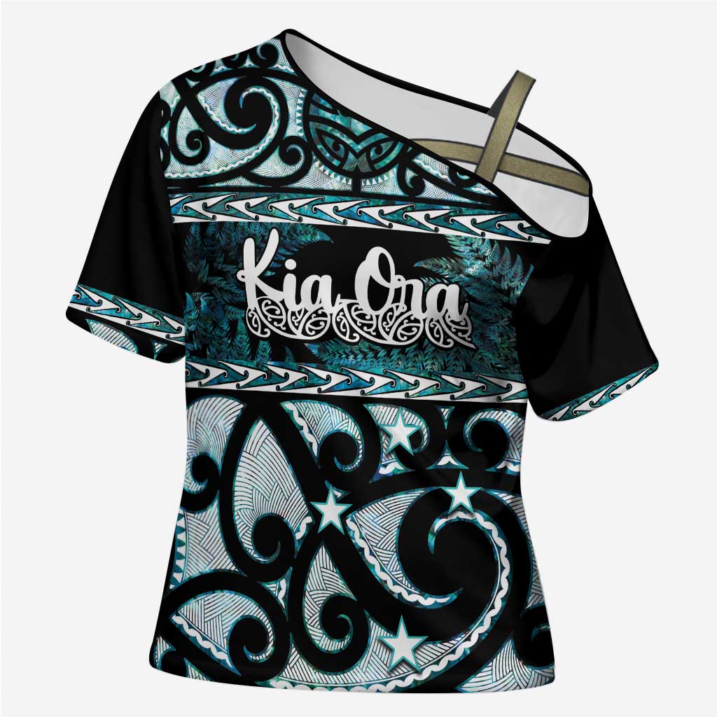 Kia Ora New Zealand Cross Shoulder Shirt Aotearoa Proud Maori Paua Shell Silver Fern LT14 Female Black - Polynesian Pride