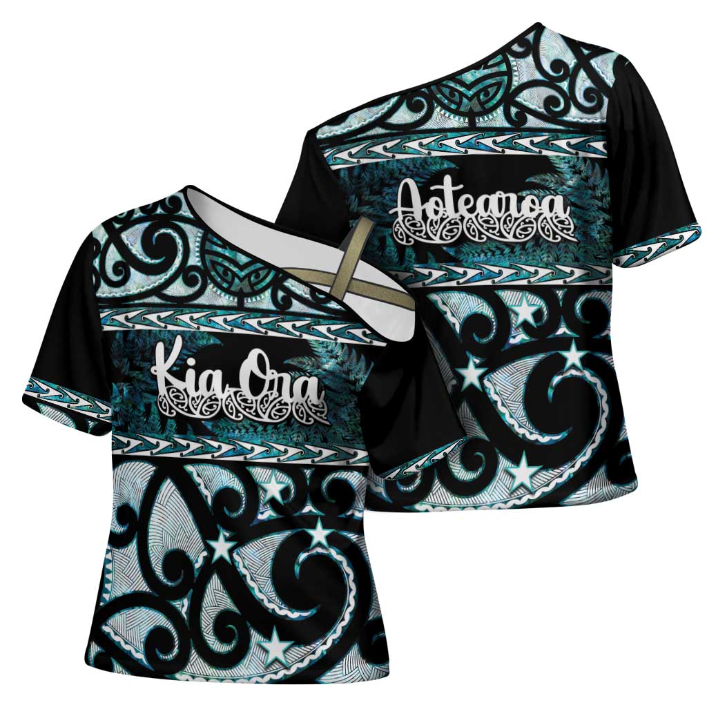 Kia Ora New Zealand Cross Shoulder Shirt Aotearoa Proud Maori Paua Shell Silver Fern LT14 - Polynesian Pride