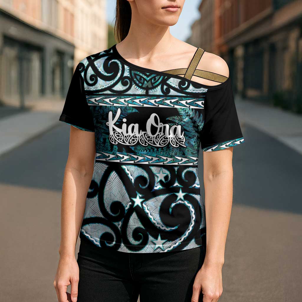Kia Ora New Zealand Cross Shoulder Shirt Aotearoa Proud Maori Paua Shell Silver Fern LT14 - Polynesian Pride