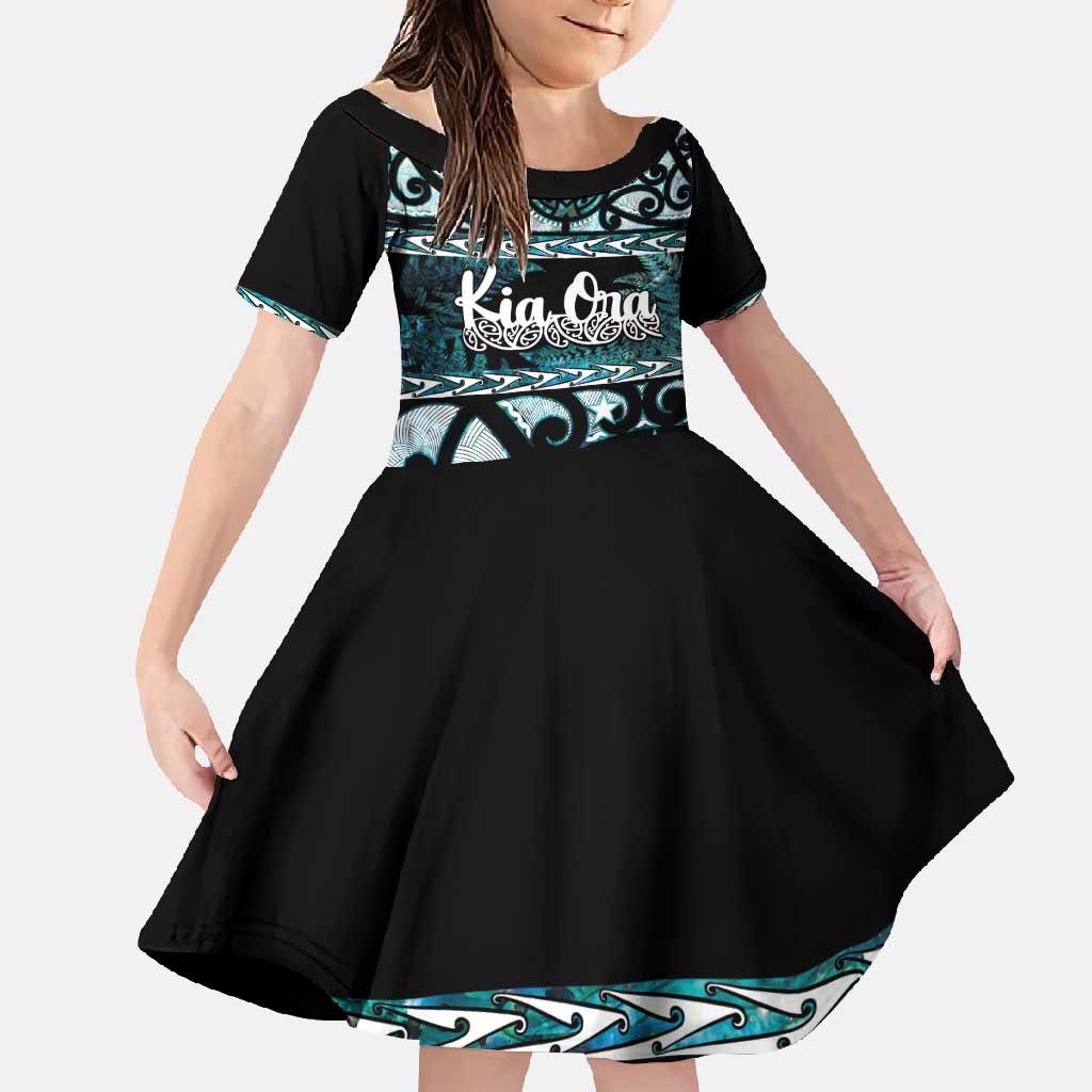 Kia Ora New Zealand Family Matching Long Sleeve Bodycon Dress and Hawaiian Shirt Aotearoa Proud Maori Paua Shell Silver Fern LT14 Daughter's Dress Black - Polynesian Pride