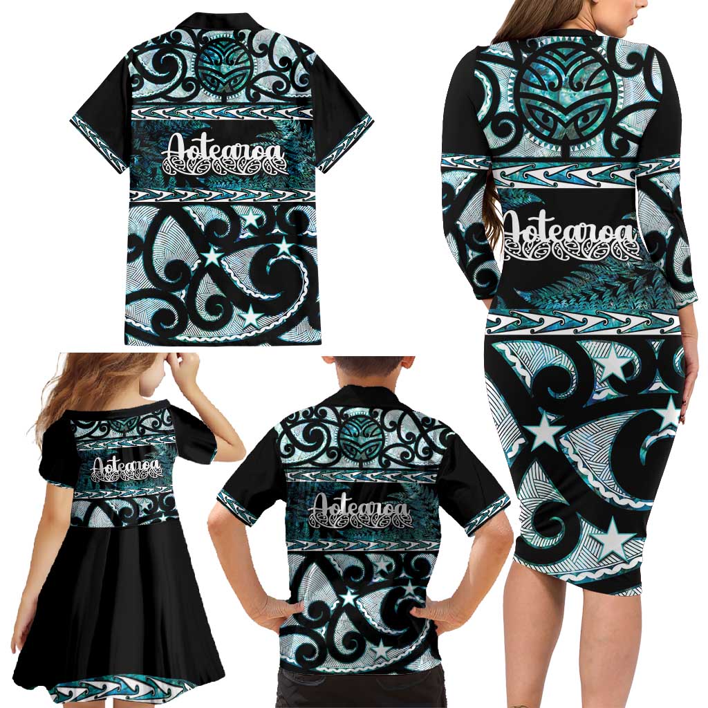 Kia Ora New Zealand Family Matching Long Sleeve Bodycon Dress and Hawaiian Shirt Aotearoa Proud Maori Paua Shell Silver Fern LT14 - Polynesian Pride