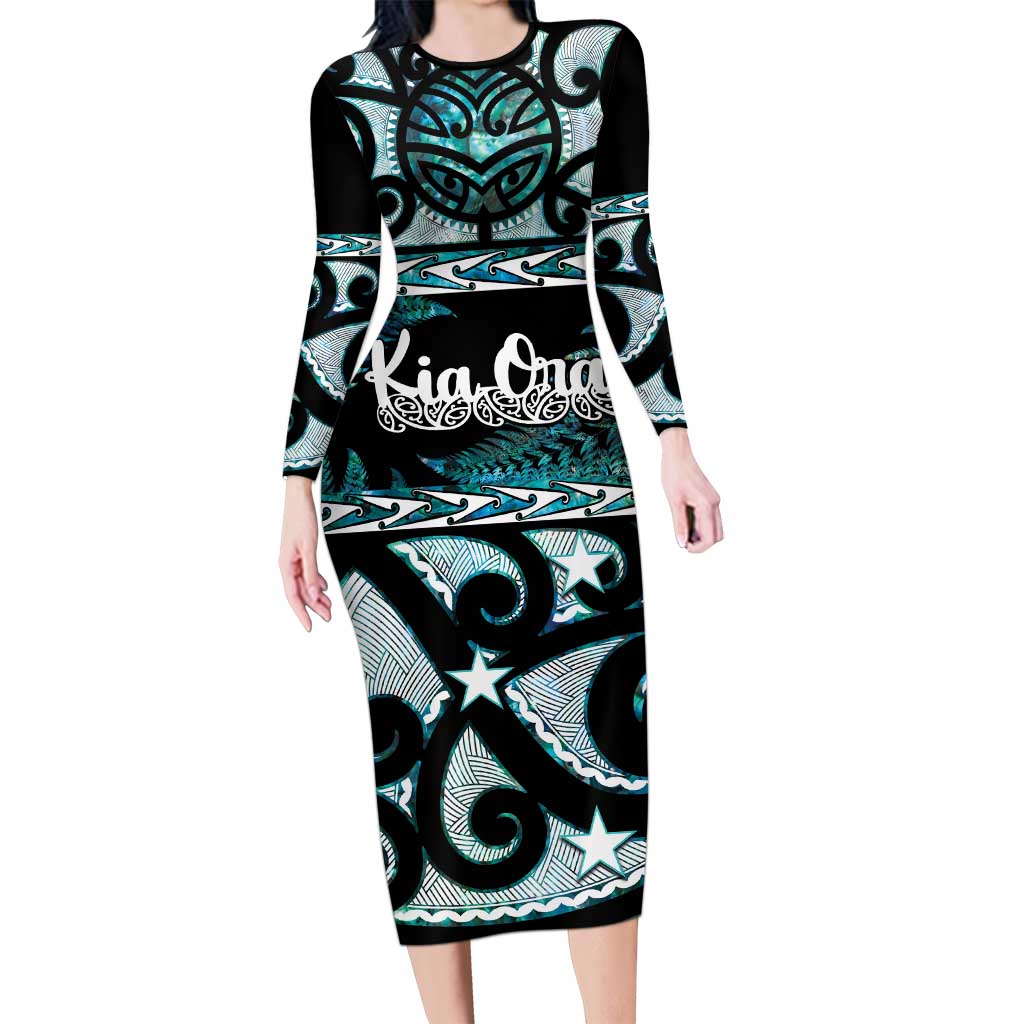 Kia Ora New Zealand Family Matching Long Sleeve Bodycon Dress and Hawaiian Shirt Aotearoa Proud Maori Paua Shell Silver Fern LT14 Mom's Dress Black - Polynesian Pride