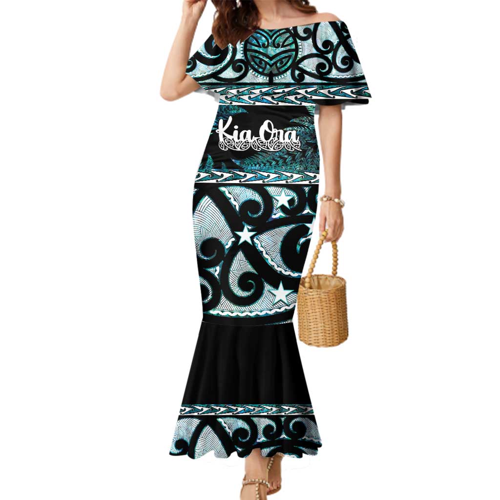 Kia Ora New Zealand Family Matching Mermaid Dress and Hawaiian Shirt Aotearoa Proud Maori Paua Shell Silver Fern LT14 Mom's Dress Black - Polynesian Pride