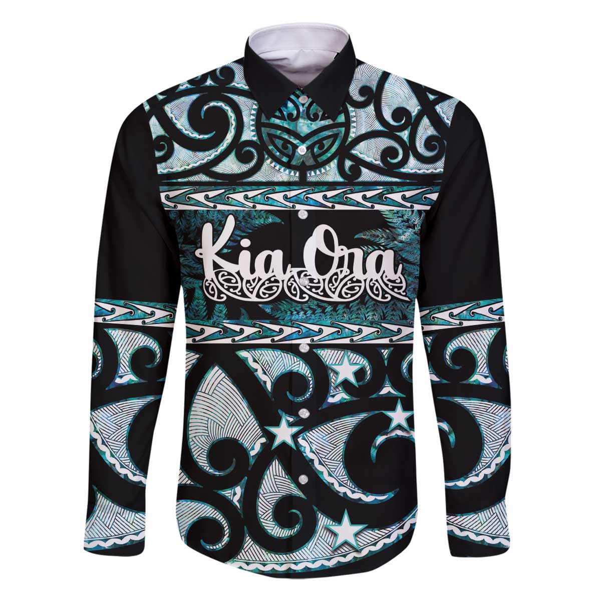 Kia Ora New Zealand Family Matching Off The Shoulder Long Sleeve Dress and Hawaiian Shirt Aotearoa Proud Maori Paua Shell Silver Fern LT14 Dad's Shirt - Long Sleeve Black - Polynesian Pride