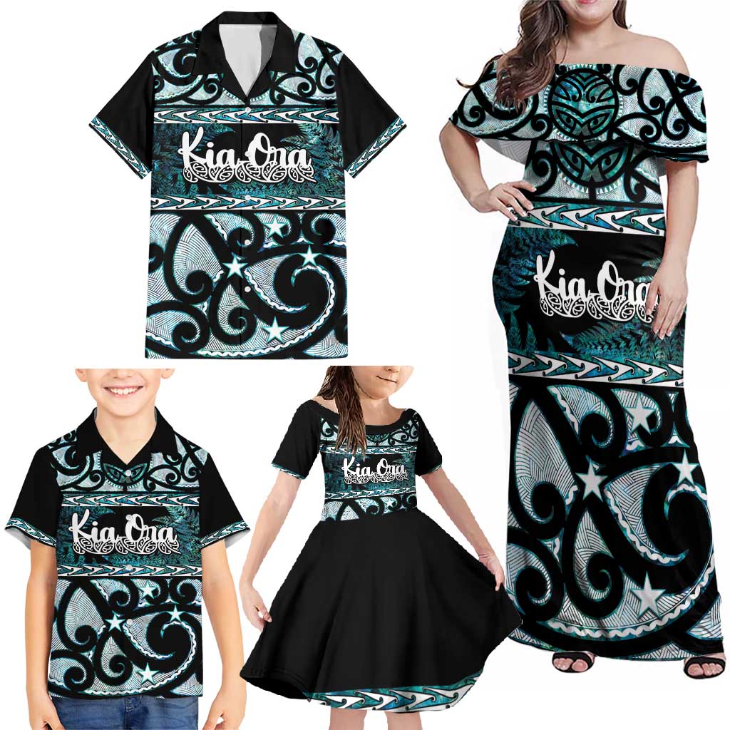 Kia Ora New Zealand Family Matching Off Shoulder Maxi Dress and Hawaiian Shirt Aotearoa Proud Maori Paua Shell Silver Fern LT14 - Polynesian Pride