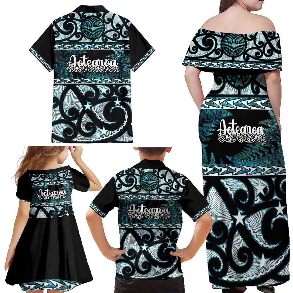 Kia Ora New Zealand Family Matching Off Shoulder Maxi Dress and Hawaiian Shirt Aotearoa Proud Maori Paua Shell Silver Fern LT14 - Polynesian Pride
