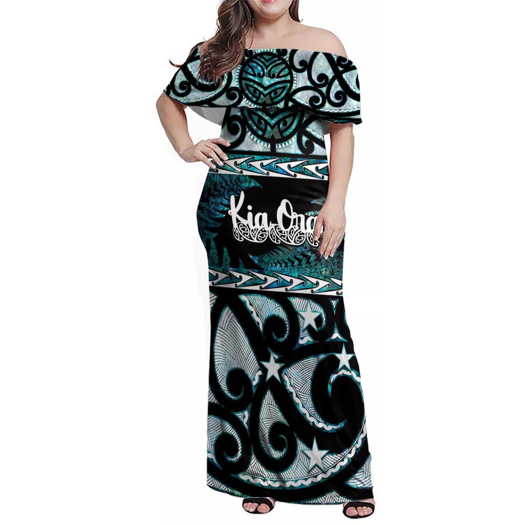 Kia Ora New Zealand Family Matching Off Shoulder Maxi Dress and Hawaiian Shirt Aotearoa Proud Maori Paua Shell Silver Fern LT14 Mom's Dress Black - Polynesian Pride