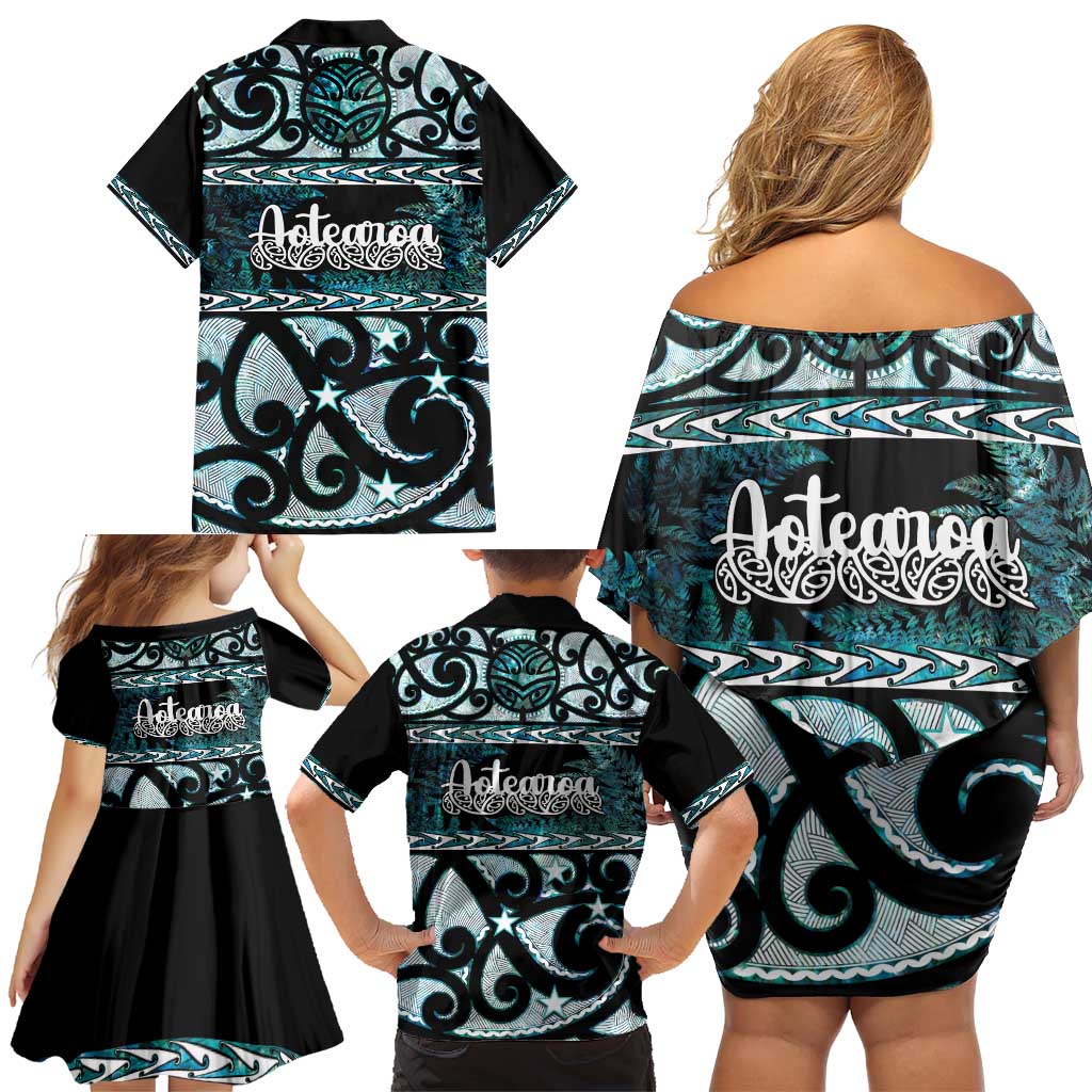 Kia Ora New Zealand Family Matching Off Shoulder Short Dress and Hawaiian Shirt Aotearoa Proud Maori Paua Shell Silver Fern LT14 - Polynesian Pride