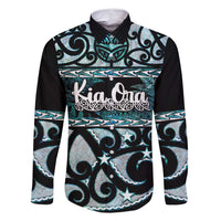 Kia Ora New Zealand Family Matching Off Shoulder Short Dress and Hawaiian Shirt Aotearoa Proud Maori Paua Shell Silver Fern LT14 Dad's Shirt - Long Sleeve Black - Polynesian Pride